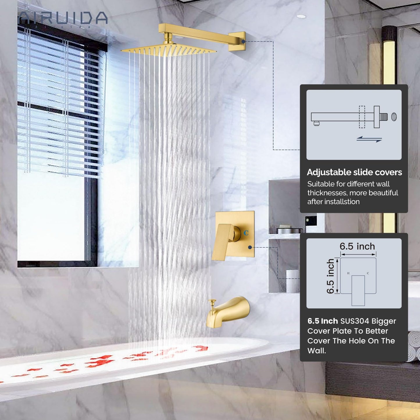 Airuida Bathtub Shower Faucet Set with Tub Spout Faucet Kit and 8 Inch Square Rainfall Showerhead Modern Complete Tub Shower Trim Kit with Solid Brass Rough-in Valve Brushed Gold