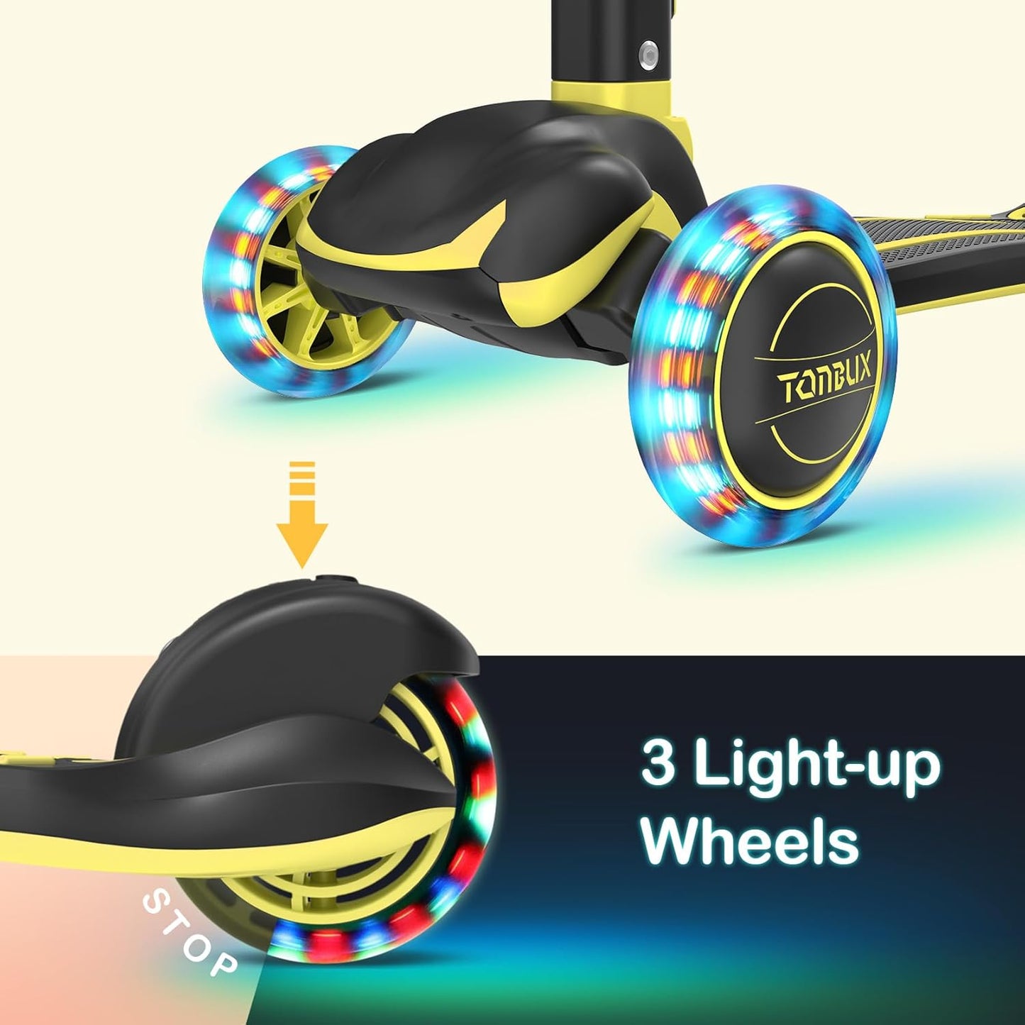 TONBUX Kids Scooter - Light-Up 3-Wheel Kick Scooter for Ages 3-12 | Adjustable Height & Anti-Slip Deck
