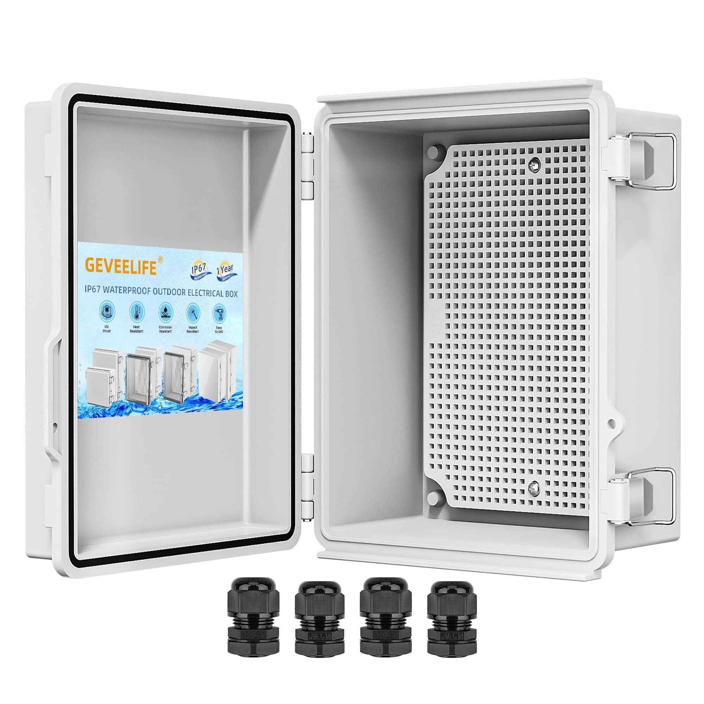 Waterproof Junction Box ABS Plastic, Outdoor Electrical Box IP67 Hinged Cover Project Box with Mounting Plate Wall Brackets and 2 Cable Glands, Grey Electrical Enclosure 8.7"x6.7"x4.3"