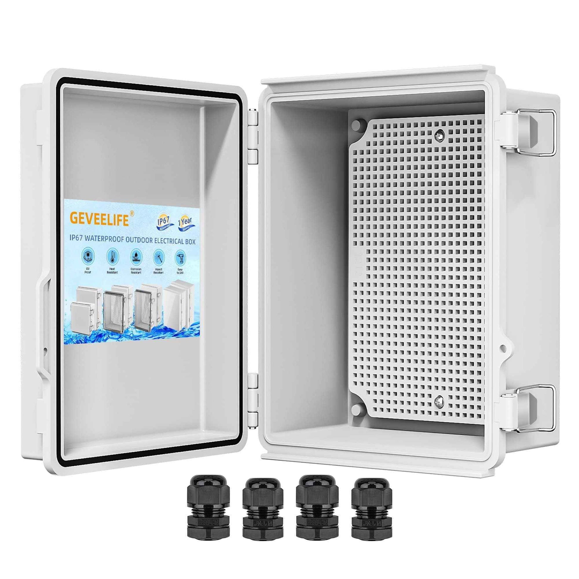 Waterproof Junction Box ABS Plastic, Outdoor Electrical Box IP67 Hinged Cover Project Box with Mounting Plate Wall Brackets and 2 Cable Glands, Grey Electrical Enclosure 8.7"x6.7"x4.3"