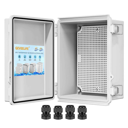 Waterproof Junction Box ABS Plastic, Outdoor Electrical Box IP67 Hinged Cover Project Box with Mounting Plate Wall Brackets and 2 Cable Glands, Grey Electrical Enclosure 8.7"x6.7"x4.3"
