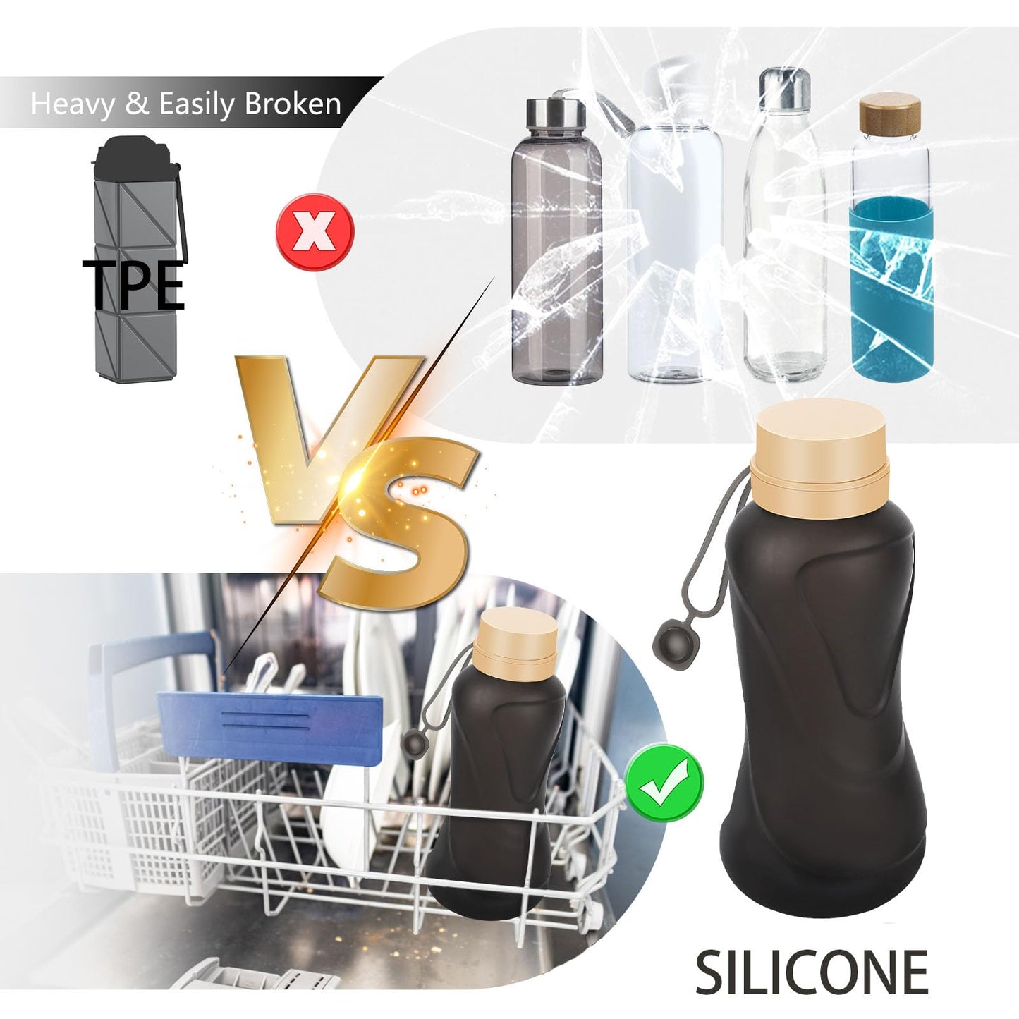 Collapsible Water Bottles,650ml,Leak Proof,Reuseable BPA Free Silicone Foldable Water Bottles,Durable Lightweight for Travel Gym Camping Hiking,Compact Size Portable Sports Water Bottle (Black)