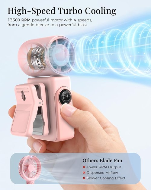 Hotsales Clip-On Portable Fan - 13500 RPM Rechargeable Handheld Mini Fan with LED Display | 360° Rotating Design, Ideal for Travel & Strollers