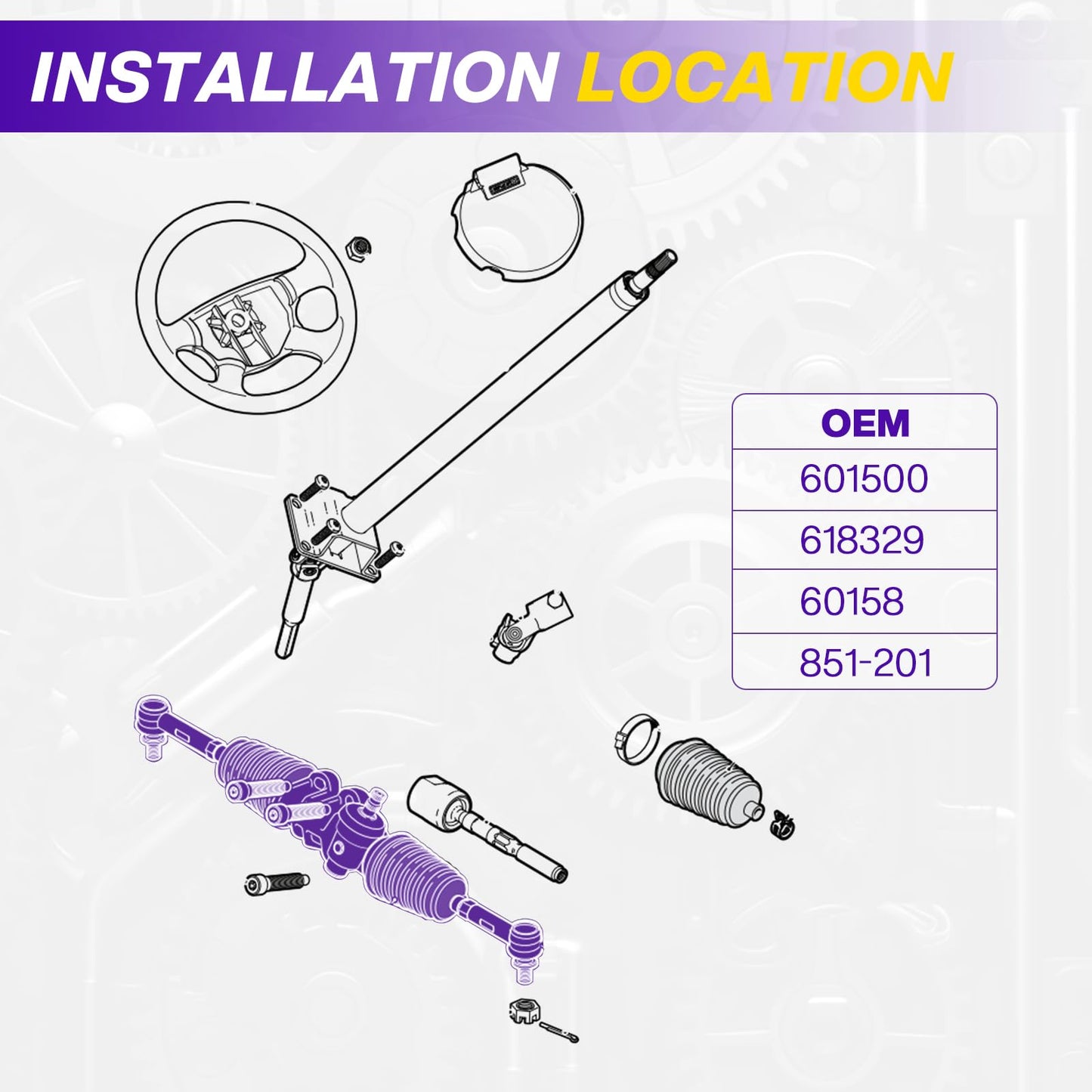 EZGO RXV Steering Gear Box Assembly, Golf Cart Steering Rack Fits EZGO RXV 2008-UP Gas and Electric Models, EZGO Steering Rack Golf Cart Steering Gear Box Assembly Replaces OEM# 601500 618329