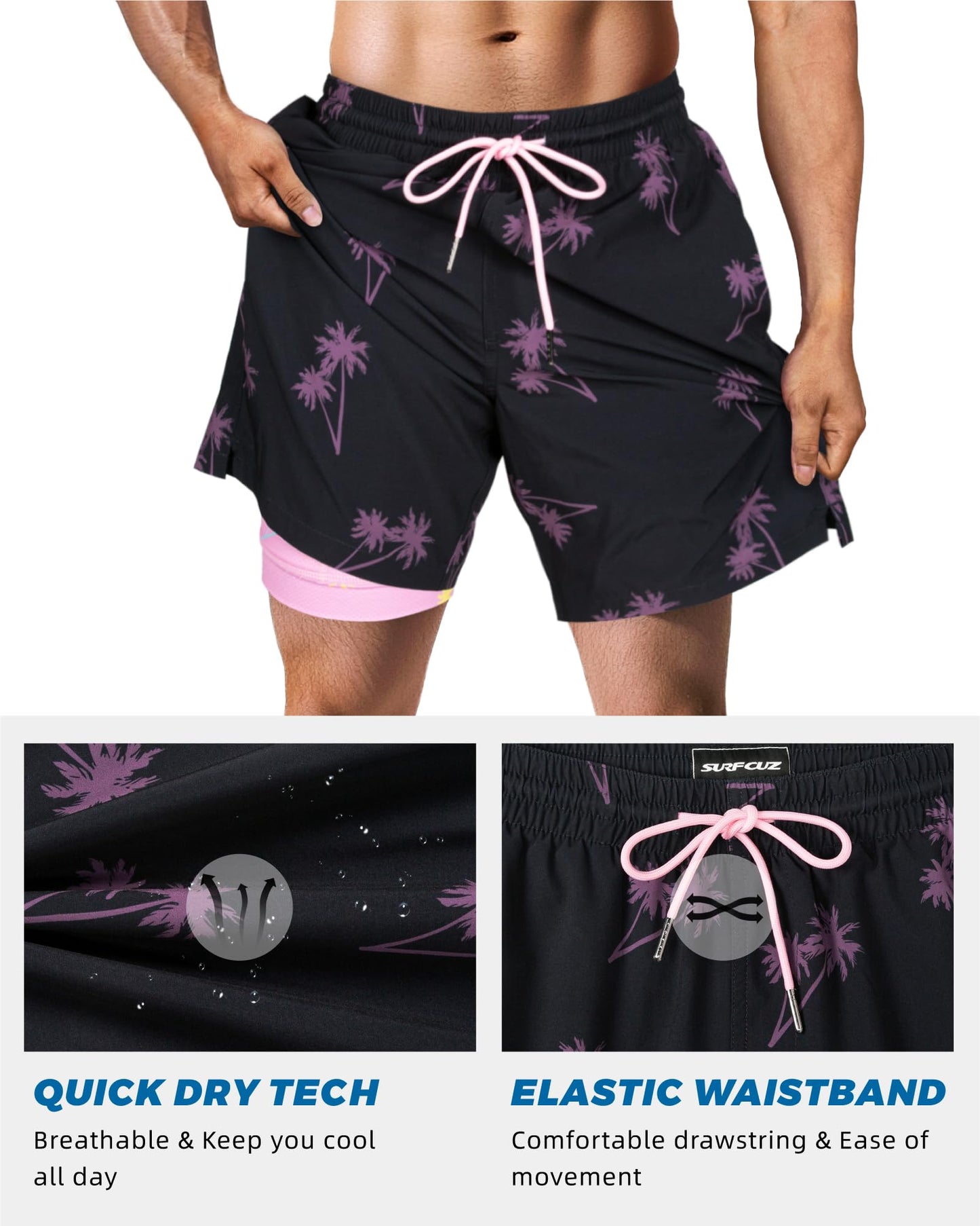SURF CUZ Mens Swim Trunks with Compression Liner Quick Dry Swim Shorts 7" Swimming Trunks Stretch Zipper Pockets Black Palm Tree X X-Large