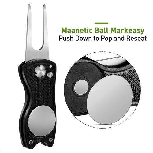 Skylety 3 Pcs Golf Divot Repair Tool Stainless Steel Foldable Magnetic Golf Ball Marker Repair Tool with Pop up Button Portable(Black, Red, Blue,3 Pieces)