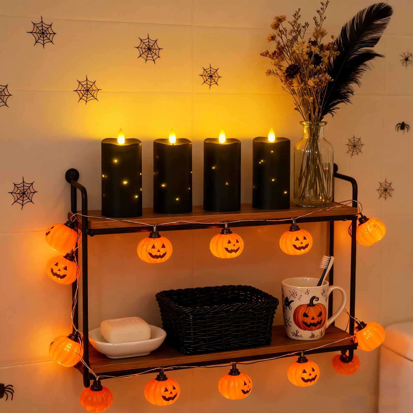 Lezonic Black Flameless Waterproof Outdoor Candles with Remote, 4Pcs Battery Operated Candles LED Flickering Dancing Flame, Built-in String Lights for Halloween Patio Room Decor, 3.25" x 6"