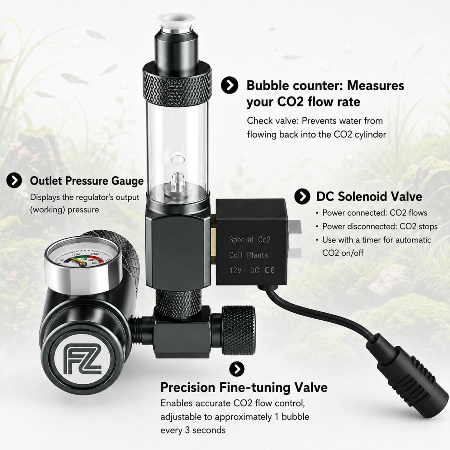 FZONE Aquarium CO₂ Regulator Kit, Compact Aquarium CO₂ System with Diffuser, Upgraded DC Solenoid and Bubble Counter Check Valve, for Establishing CO₂ System in Aquatic Plant Tank