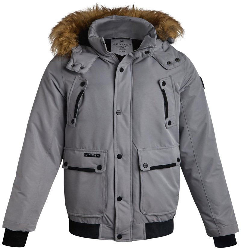 Spyder Mens Puffer Jacket - Heavyweight Wind and Water Resistant Parka Coat Insulated Winter Jacket for Men w/Faux Fur Hood, Size Large, Pewter