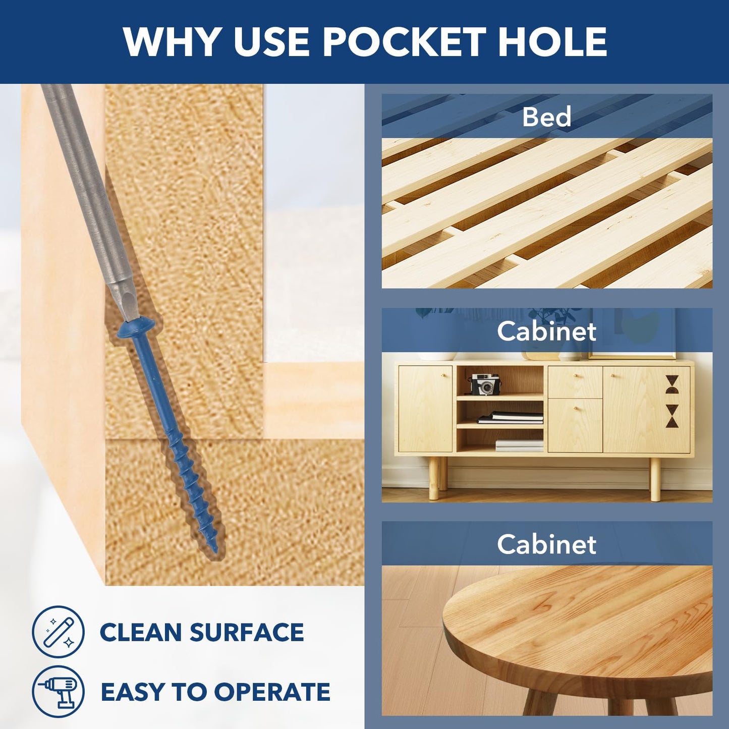 Bobibbi Pocket Hole Screws #8x1, Coarse Thread Wood Screws 300Pcs, Washer Head with Square Drive, 150MM Drive Bit Included