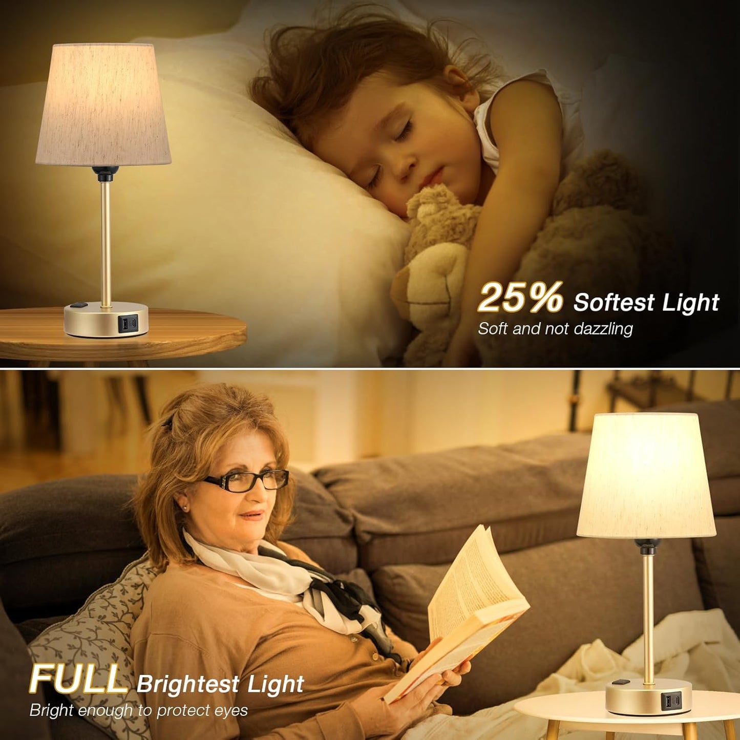 Set of 2 Mini Bedside Lamps with USB-C & AC Outlet - Dimmable Touch Nightstand Lights for Bedrooms