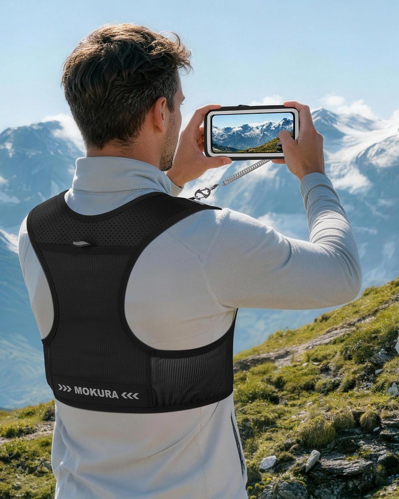MOKURA Running Vest for Women Men, Lightweight Hydration Vest with 500ML Soft Flask & Phone Holder, Reflective Running Backpack, Adjustable Run Pack Water Bottle, Runner Marathon Essentials, Black