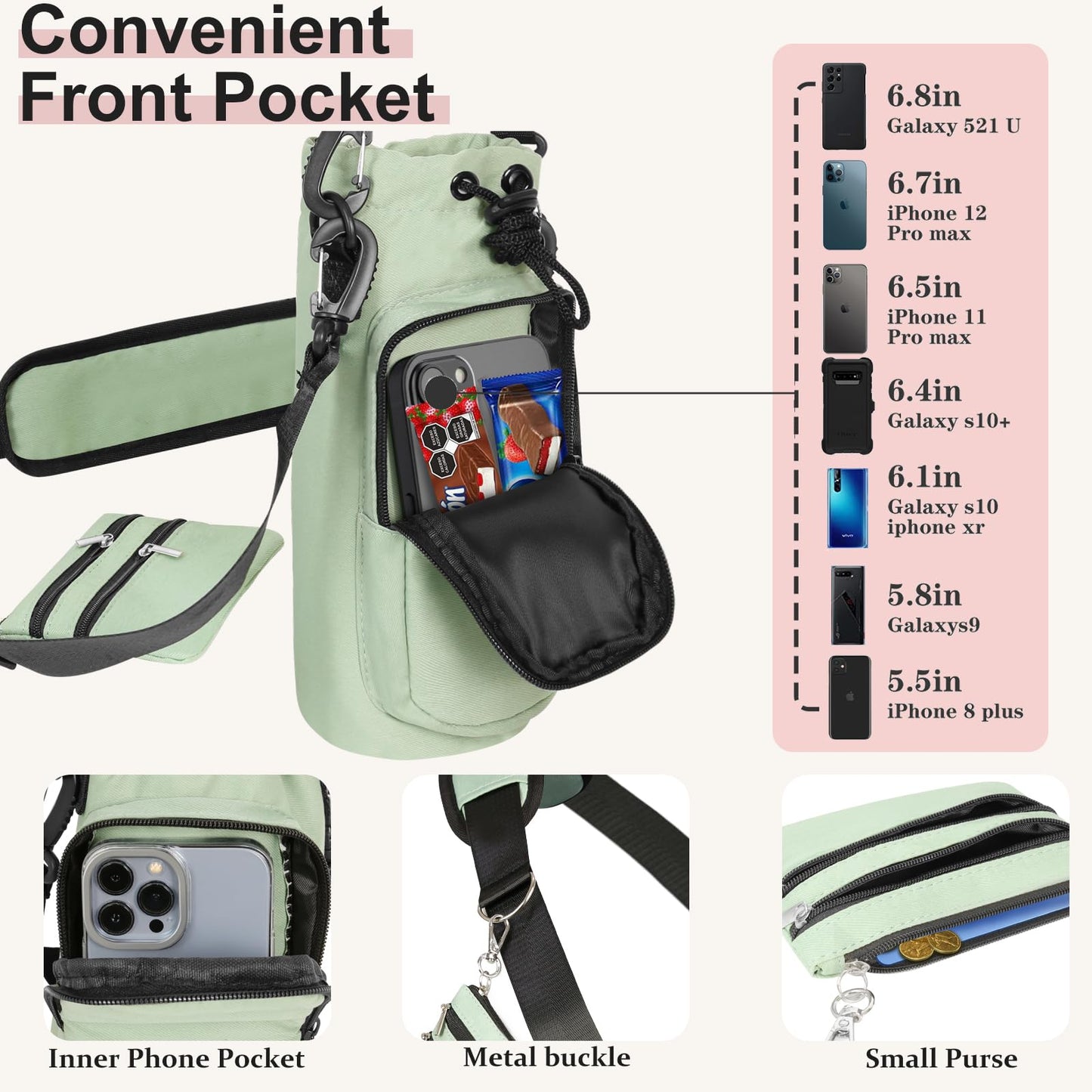 Insulated Water Bottle Carrier with Adjustable Strap - 25/32/40 oz Water Bottle Crossbody Bag with Small Purse for Hiking, Gym, Travel