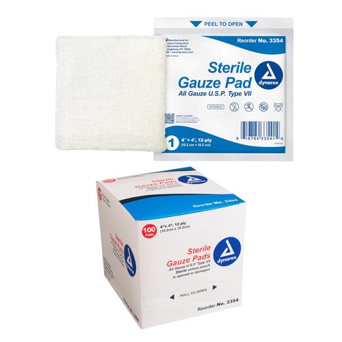 Dukal Sterile Gauze Pads, 100% Woven Cotton and Individually Wrapped, 4" x 4", 12-Ply Pad, Box of 100