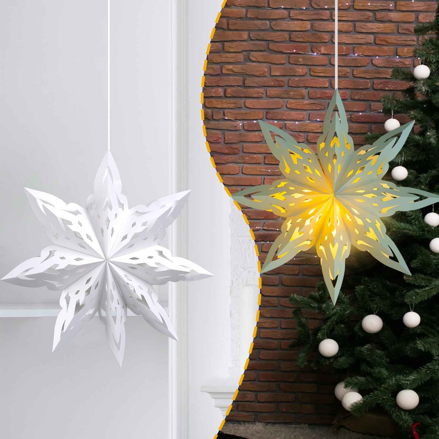 Christmas Paper Snowflake Lanterns, 2 Pack Christmas Paper Star Lantern with LED Light White Hanging Lamp Ornaments for Xmas Tree New Year Winter Frozen Weddings Birthday Holiday Party Decorations