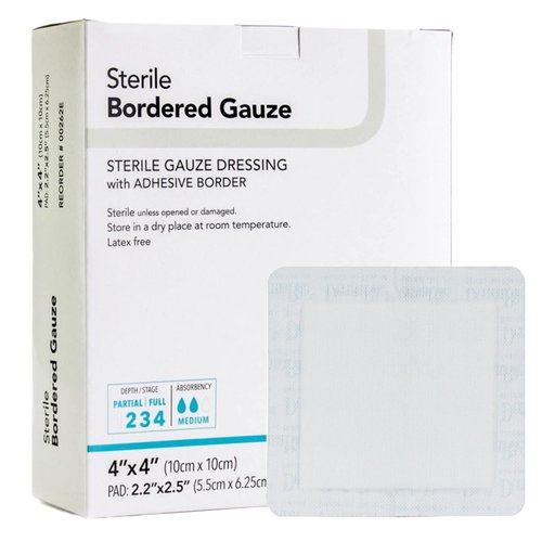 DermaRite's Sterile Bordered Gauze Dressing with Adhesive Border - Flexible Non-Linting Material, First-Aid, Individually Packaged - 4 in. x 4 in., 1 Count, 25 Packs, 25 Total