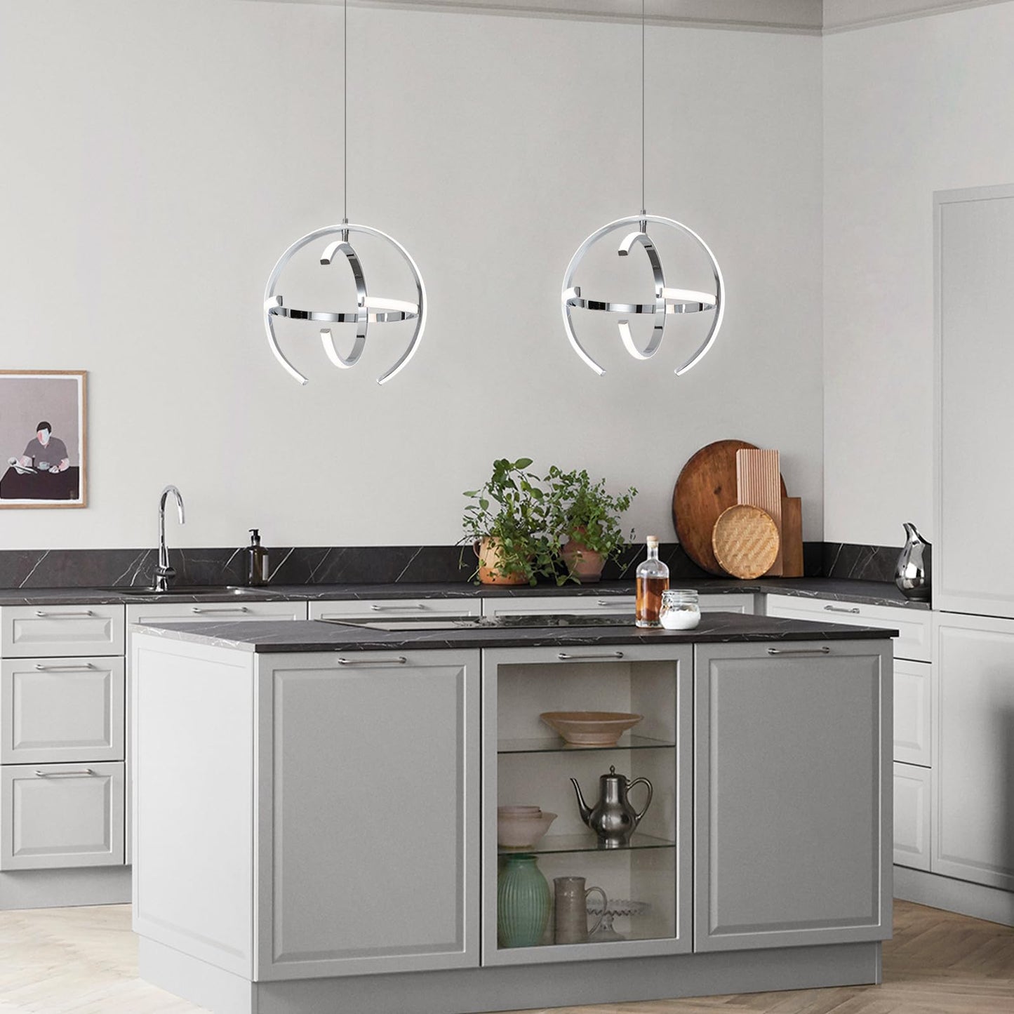 KELUOLY Chrome Modern LED Pendant Light, Silver Dimmable Metal Globe Chandelier, Hanging Ceiling Light Fixture for Room Dining Bedroom Living Room Kitchen Island Hallway Entryway Foyer 13 Inch