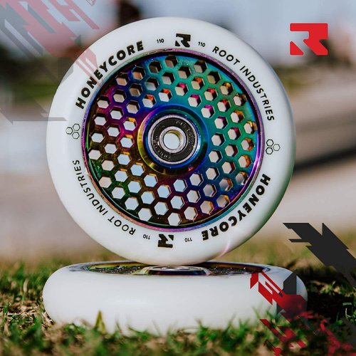 Honeycore Wheels 110mm - 120mm Pro Scooter Wheels Pair - Fits Most Setups - 24mm x 110mm - 120mm - Bearings Installed - 90 Day Warranty - Scooter Wheels (White/Rocket Fuel, 110mm)