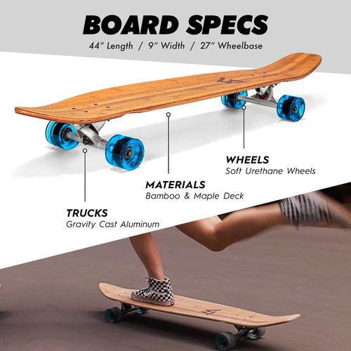 Magneto Kicktail Cruiser Longboard Skateboard - Adult Skate for Commuting & Carving - Smooth 78A Wheels for Cruiser Skateboard - Bamboo Longboard Construction with Maple Core - 44" x 9", Blue