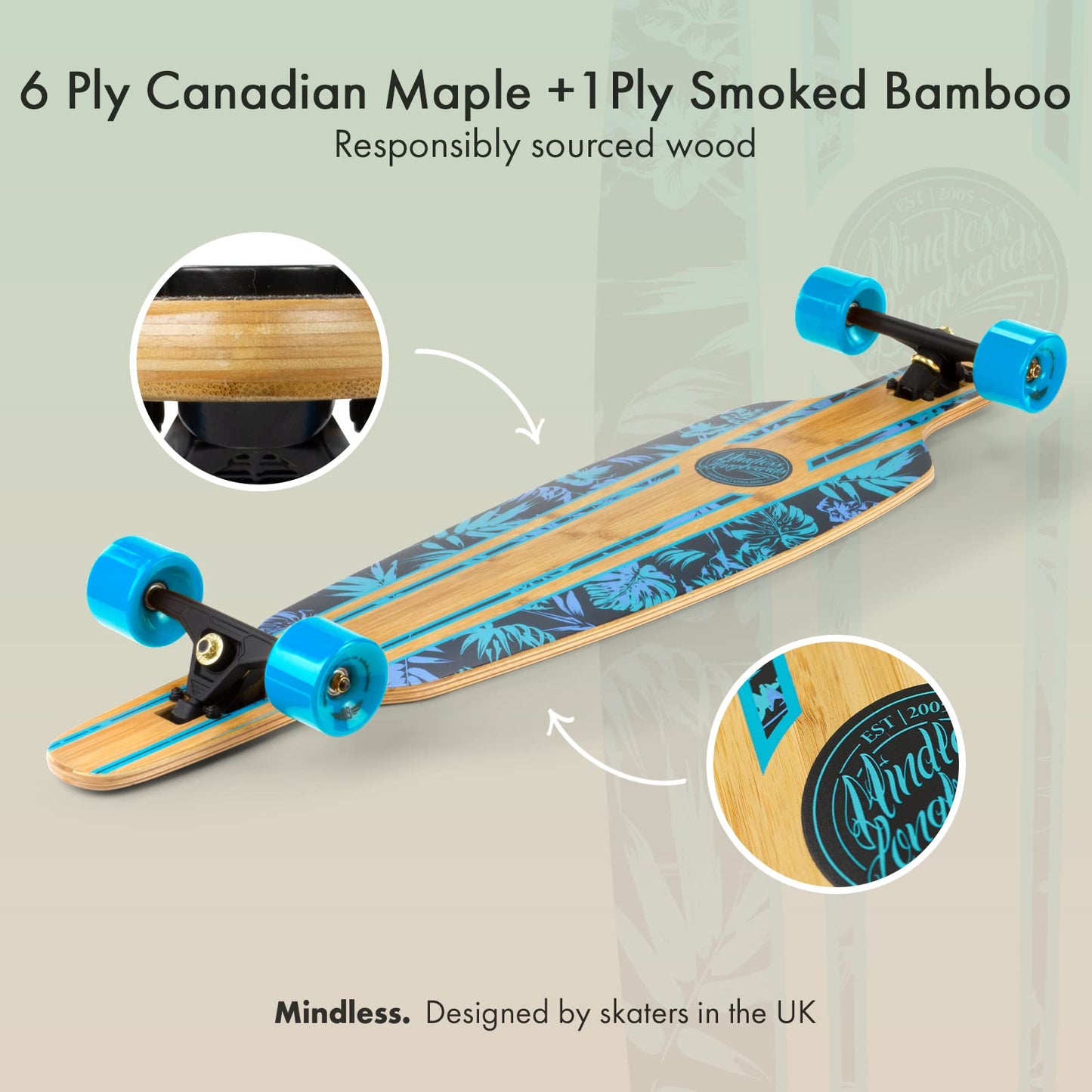 Mindless Maverick IV DT Talisman Blue & Floral | 46” Drop Through Longboard 6 Ply Canadian Maple and 1 Bottom Ply Smoked Bamboo Responsive and Safe Ride | Complete Down Hill Type Board for Commuting