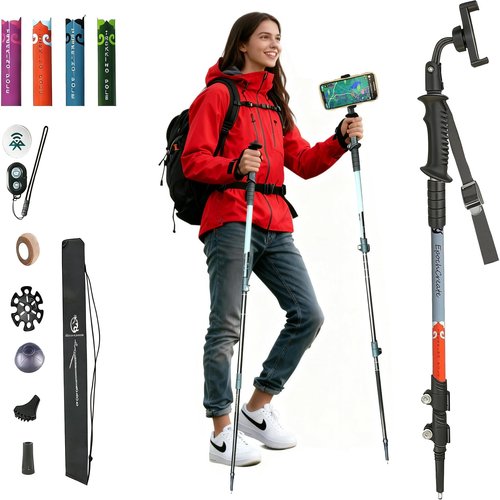 EpochCreate Trekking Pole as Selfie Stick-Hiking Sticks for All Terrain for Women&Men with Detachable Phone & GoPro Mount,10m Remote Control,Adjustable Lightweight 7075 Aluminum Outdoor(White)