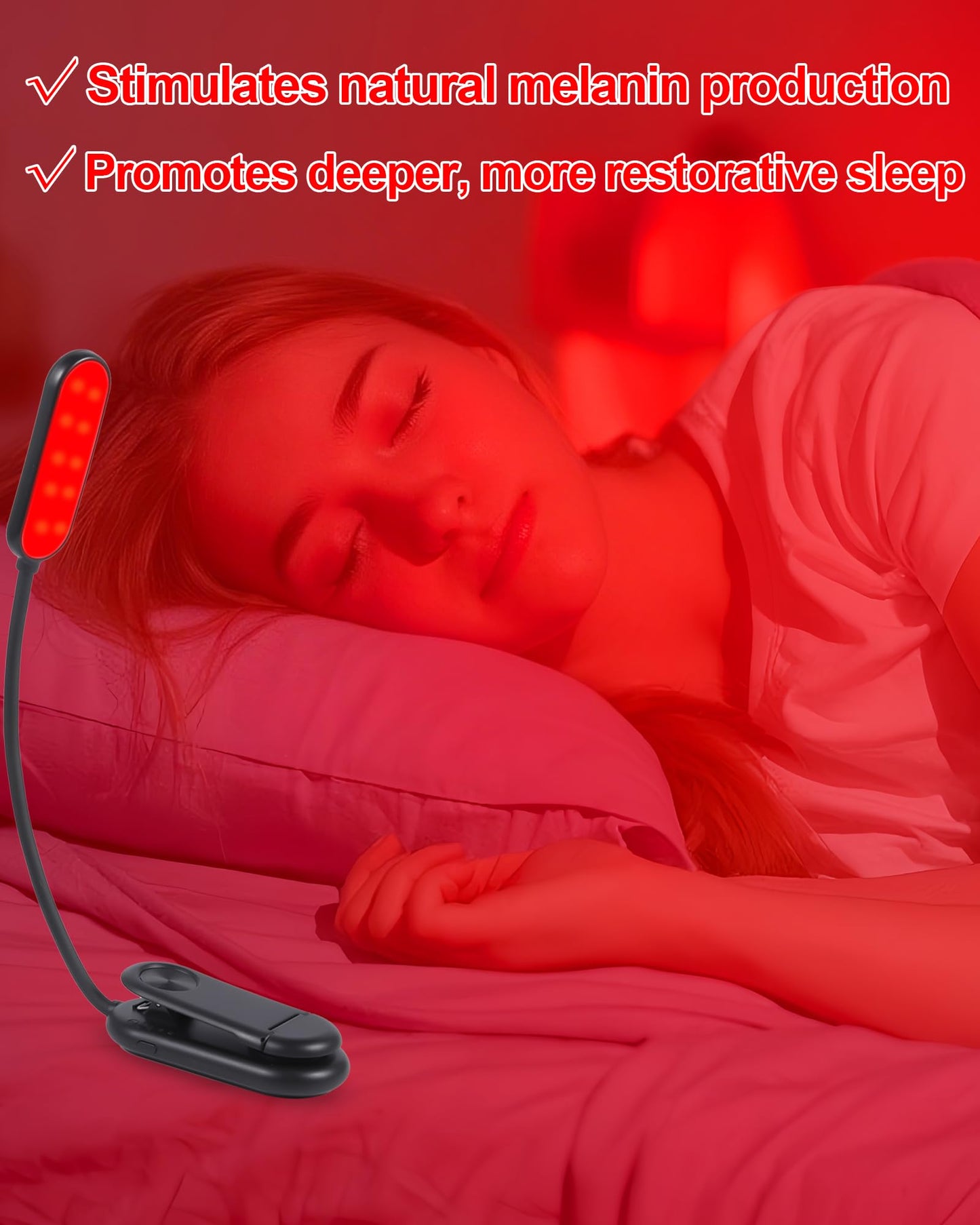 Finezeal 625nm Red Book Light - Rechargeable Clip On Red Reading Light Therapy for Sleep - No Blue-Light, Poratble LED Book Lamp, Gift for Kids Students Travel Nursing Studying - 3 Adjustable Modes