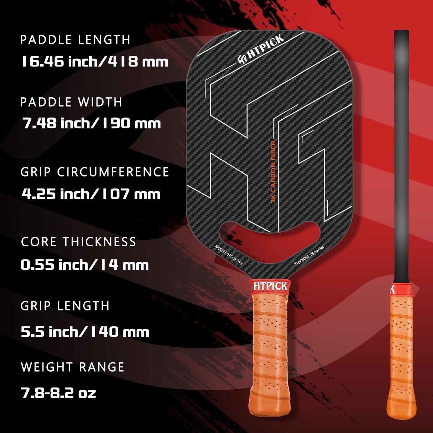 Pickleball Paddles, 3K Raw Carbon Fiber Pickleball Paddle with 14mm Thickness PP Honeycomb Core and Aero Throat, Designed for Unmatched Control and Added Power