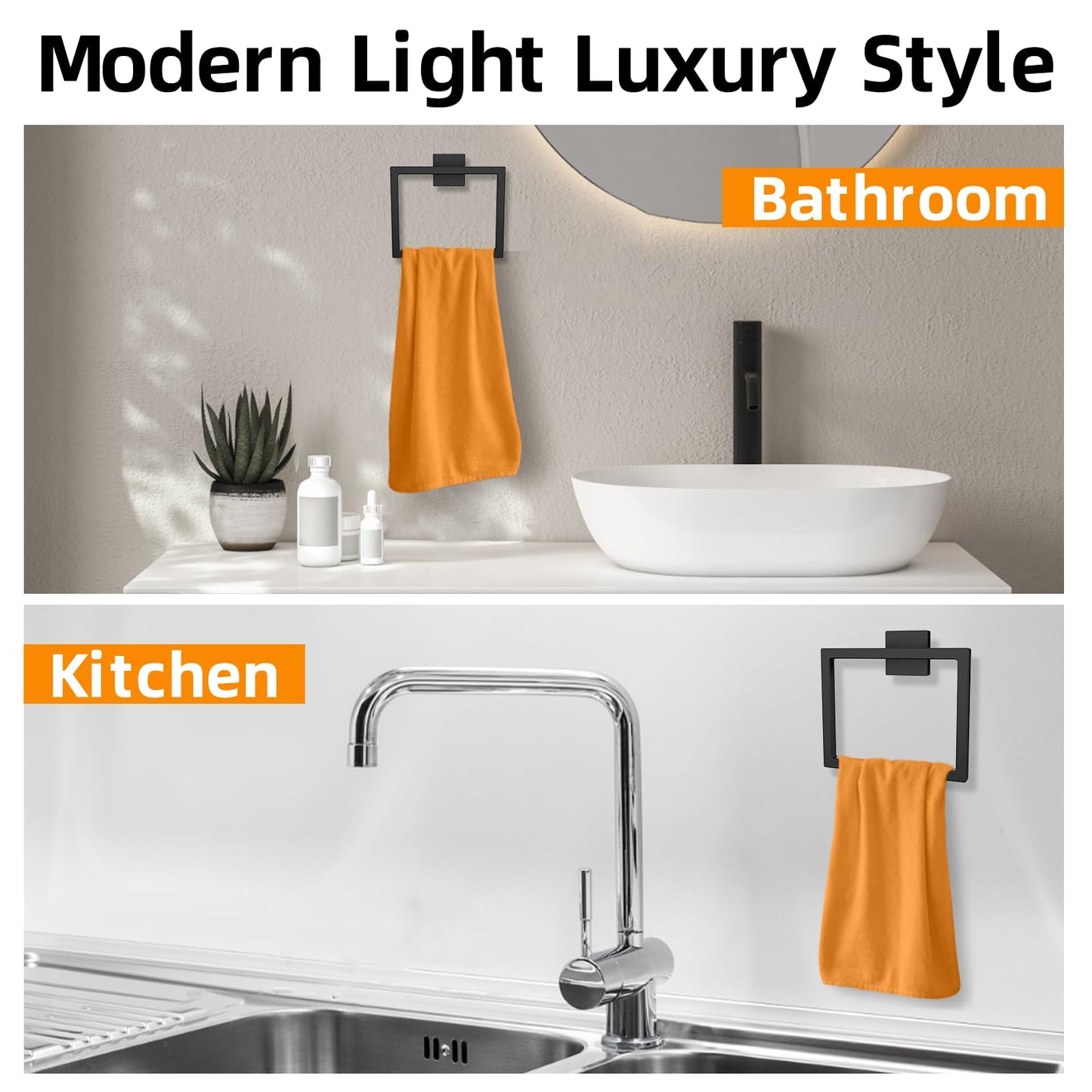 Matte Black Square Towel Ring, SUS304 Stainless Steel Hand Towel Holder for Bathroom Kitchen, Modern Style Towel Hanger, Thicken Ring Towel Holder, Towel Rack Square Wall Mounted