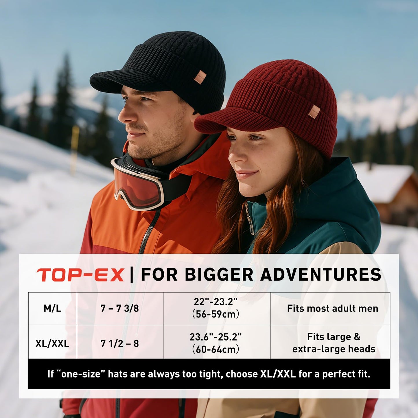 TOP-EX PolarWool™ 100% Merino Wool Winter Hat for Men Oversize Visor Beanie with Brim Fleece Lined Knit Cap for Cold Weather Hiking Skiing Big Head Green XL/XXL