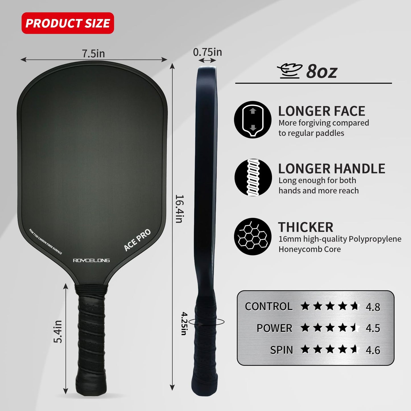 ROYCELONG Pickleball Paddles T700 Carbon Fiber Pickleball Rackets Lightweight Training Racquet Set for Beginners to Advanced Players USAPA Compliant Quiet 16mm Core Portable Bag (All Black, 1 Pack)