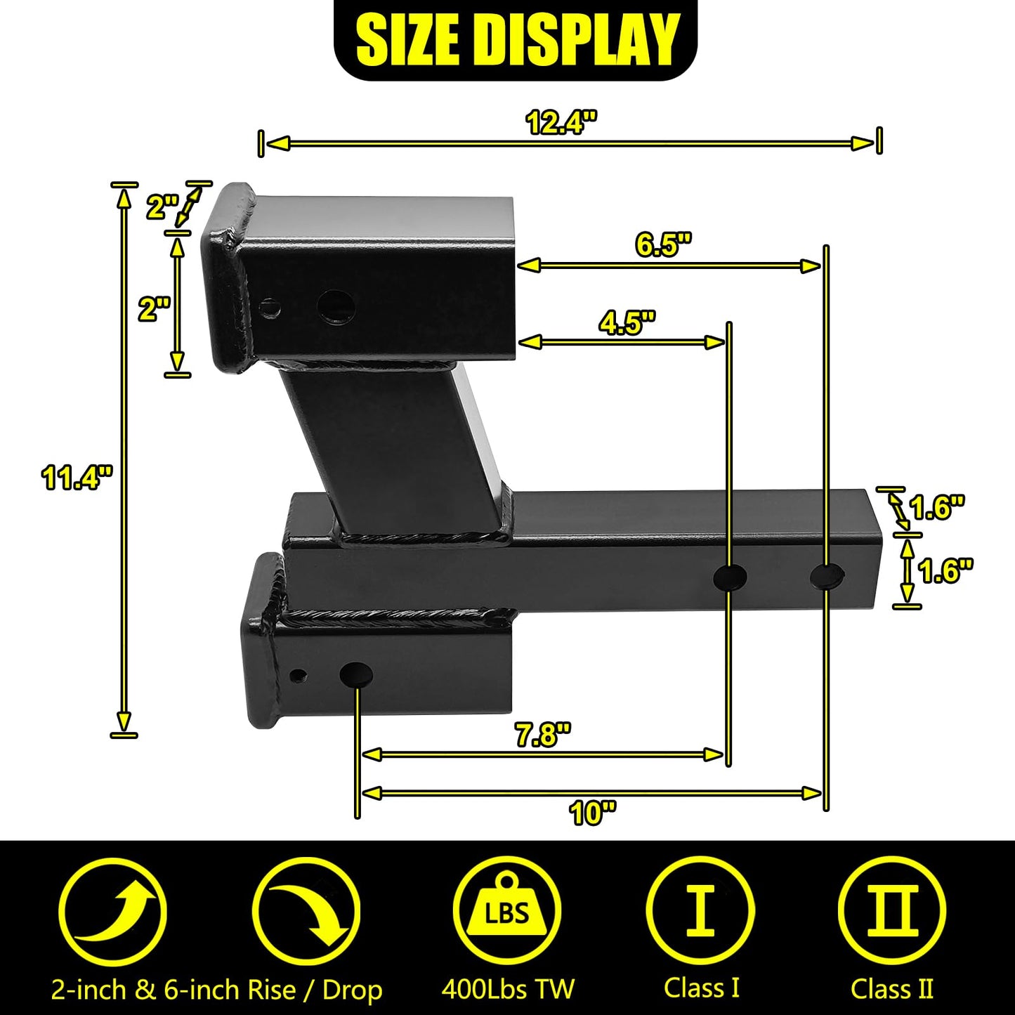 KAIRAY Trailer Dual Hitch Extender Adapter with 2-inch & 6-inch Riser/Drop, fit for 2" Receiver, 2-inch Shank, 10000lbs Towing Capacity