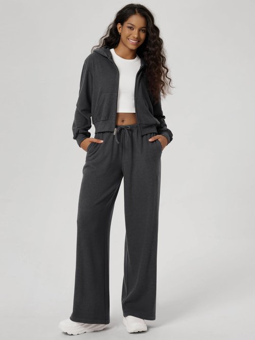 ODODOS Women's Stretch Fleece Wide Leg Sweatpants – Ultra-Soft Cozy Warm High-Rise Relaxed Lounge Pants with Pockets - 29" Inseam, Charcoal Heather, Small