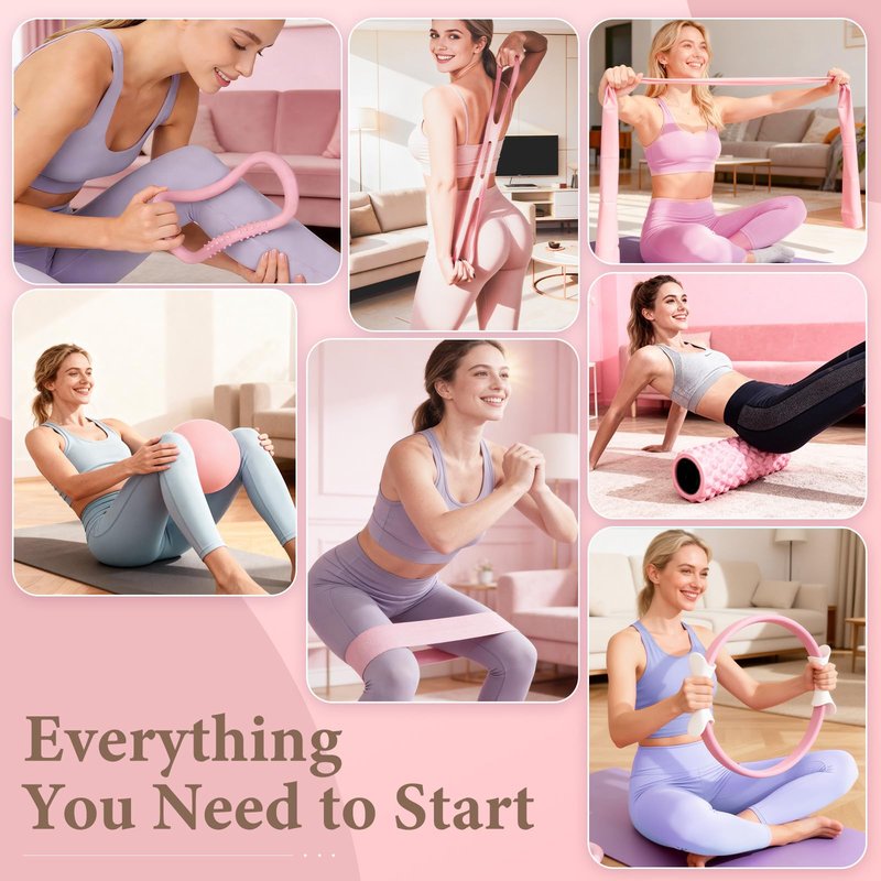 LZCDUDU Pink Pilates Ring Kit with 14.5 inch Magic Circle & Foam Roller, Ergonomic Home Workout Equipment Set, Full Essentials for Women Beginners - Includes Exercise Guide & Storage Bag