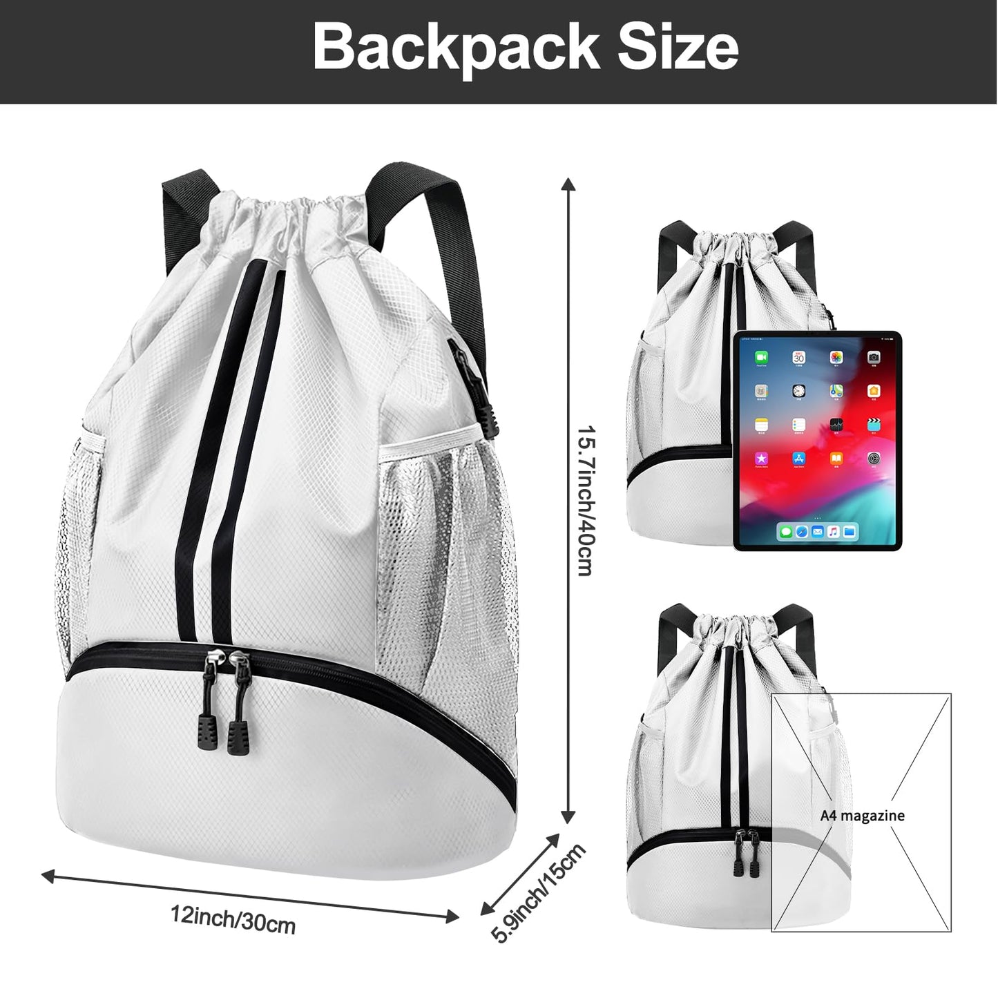 Hoedia Sports Drawstring Backpack - Swim Gym Bag for Women and Men, White