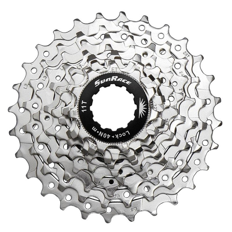 Sunrace CSR91 9-Speed Nickel Plated Cassette with Alloy Lockring and Gray Spacer, 11-28T