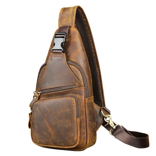 NIUCUNZH Genuine Leather Sling Bag Front Metal-Latch Crossbody Bags Handmade Vintage Chest Shoulder Backpack for Women Men Crazy Horse