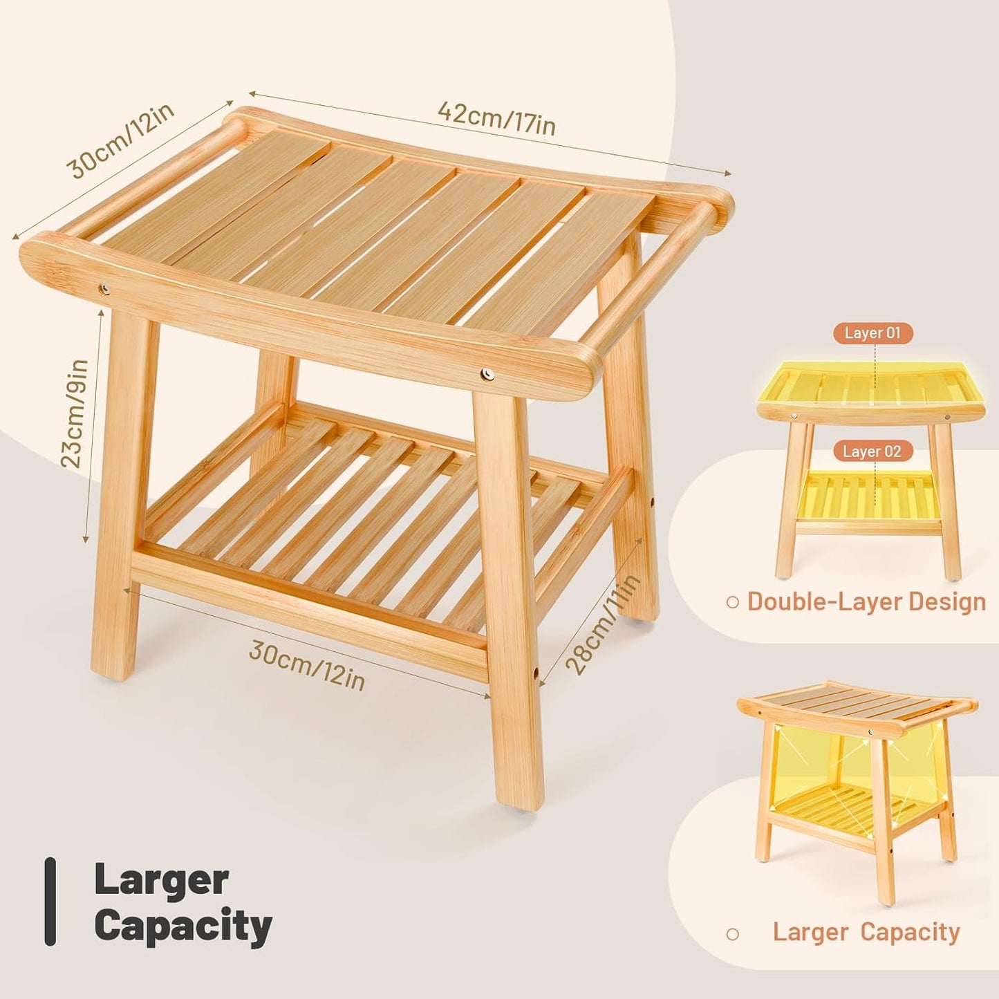 Bamboo Shower Bench with Storage Shelf - Waterproof Spa Stool for Seniors & Disabled