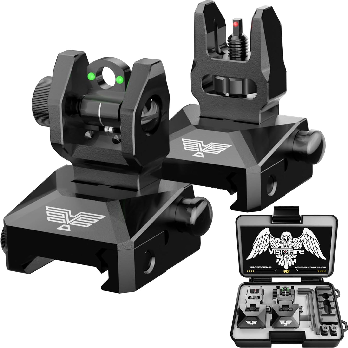 Visiofire Fiber Optic Iron Sights - Tool-Free Adjustable Flip-Up Front & Rear Backup Sights | Red & Green Dots