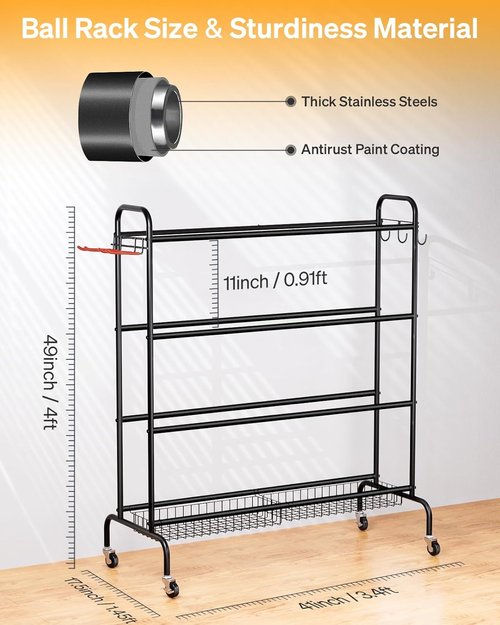 EXTCCT Basketball Rack - Rolling Training Stand with Wheels | Four-Layer Organizer for Basketballs, Footballs, Volleyballs