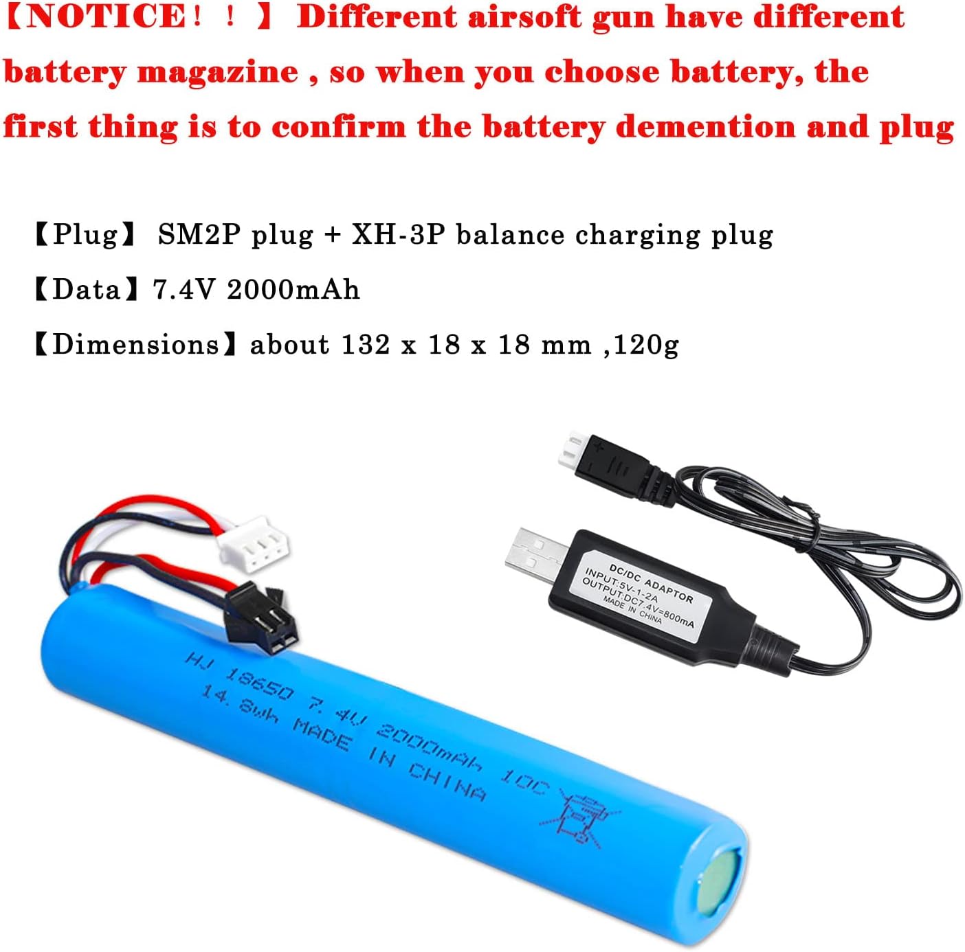 Skiennix 7.4V 2000mAh Battery Pack - Compatible with SRB1200 Airsoft & Water Guns | USB Charging Included