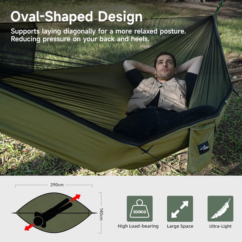 Travel Bird Camping Hammock with Mosquito Net and Ridge Rope, Extra Large for 2 Person, Lightweight Hanging Hammocks Tree Straps, All-in-one Fast Open Hammock for Outside, Hiking, and Travel