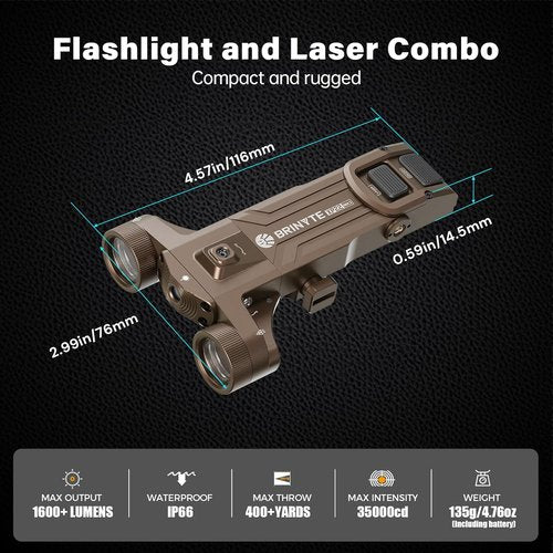 Brinyte XP22 MK3 Tactical Flashlight - 1600 Lumens Dual-Head with Green Laser | Shockproof & Rechargeable