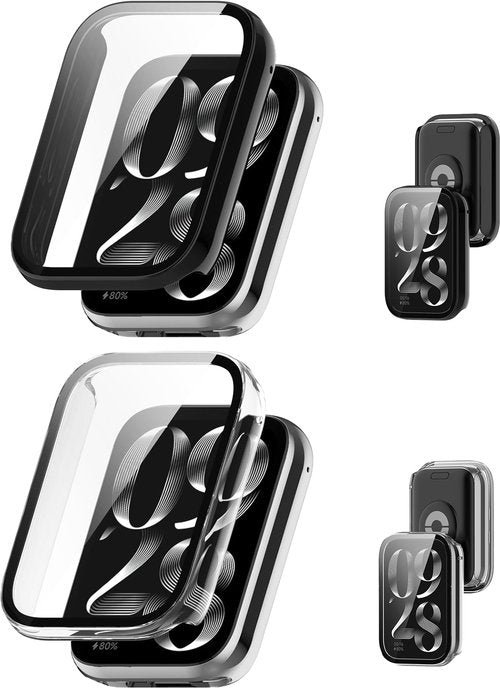 2Pack Case for Xiaomi Smart Band 9 Pro,Case with Screen Protector,Built-in 9H Tempered Glass Film, Hard PC, NOUKAJU Protective Cover for Xiaomi Band 9 Pro(Black+Clear)