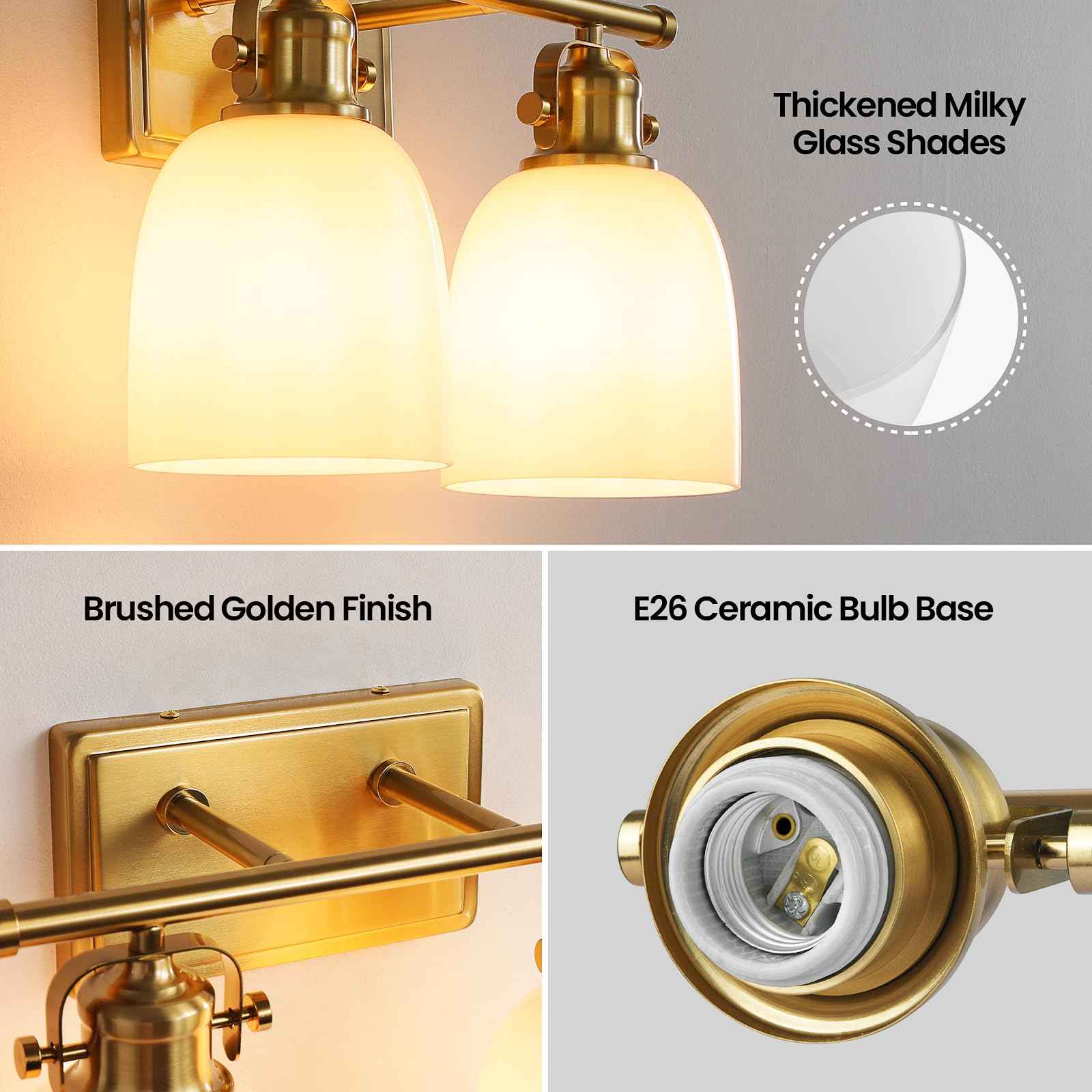 KAISITE Bathroom Vanity Light Fixture 2-Light Brushed Gold Vanity Light with Milky White Glass Shades Bathroom Lighting Fixture Over Mirror 14.2 Inch E26 Wall Sconce(Exclude Bulbs)