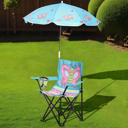 Burbell 1 Set Kids Beach Chair with Umbrella Child Folding Chair Umbrella with Universal Clamp for Children Beach Camping Patio Garden Outdoor Lawn Pool Travel Indoor (Butterfly)