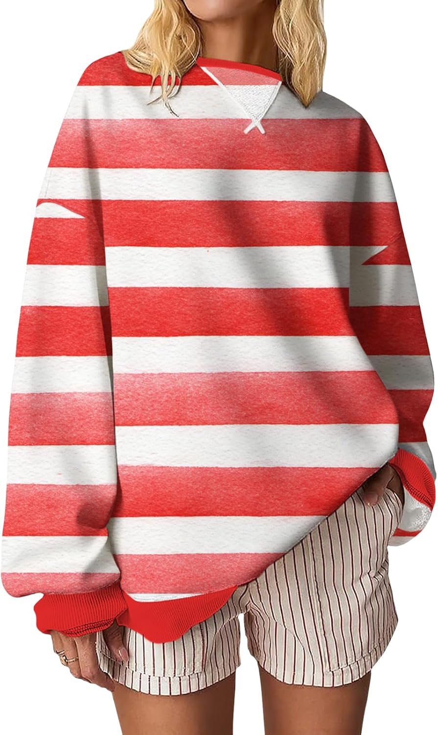 Skiennix Women's Classic Striped Long Sleeve Cotton Blend Sweatshirt - Elegant Loose Fit