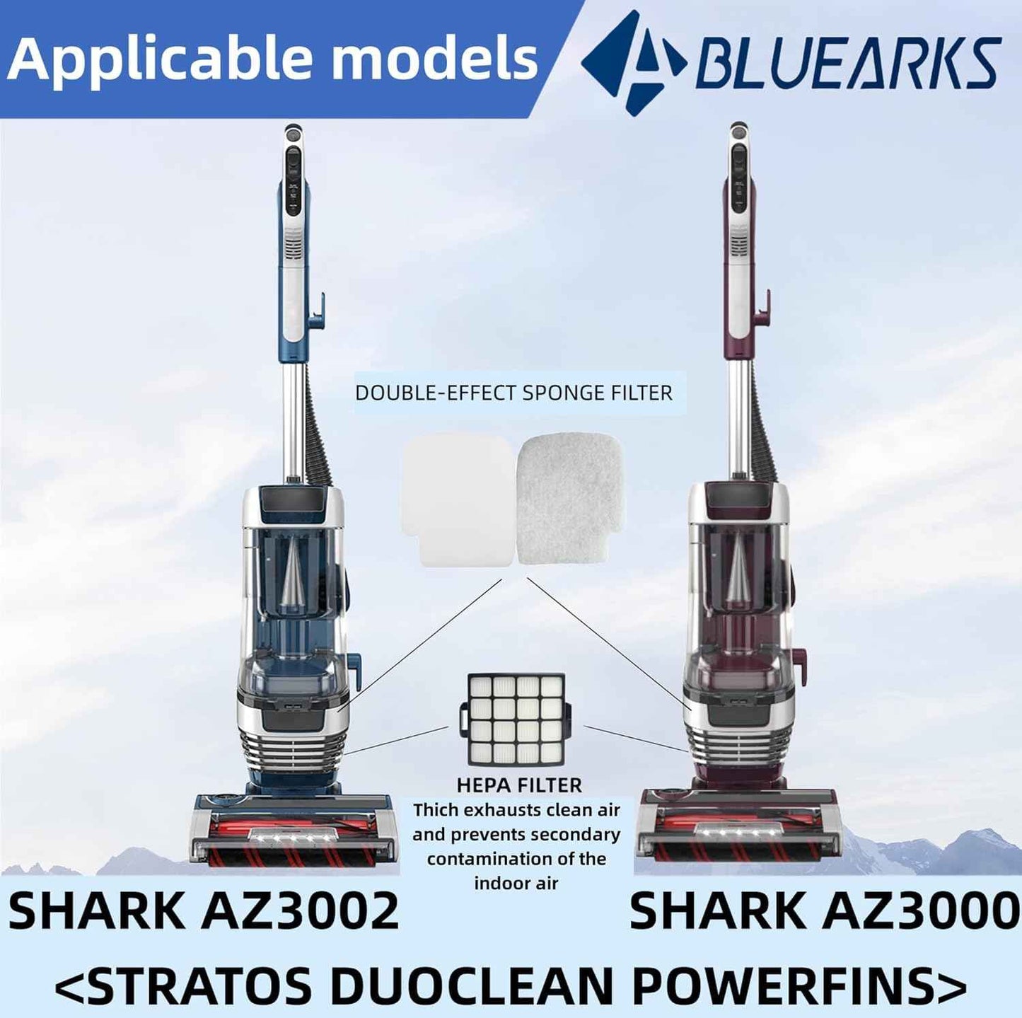 Bluearks 7PCS Shark Stratos Filter Replacements Compatible with AZ3002 AZ3000 AZ3000W Shark Stratos Duo Clean PowerFins Upright Vacuum Kit Includes 1 Brush Roll+2 HEPA + 4 Foam & Felt Filters