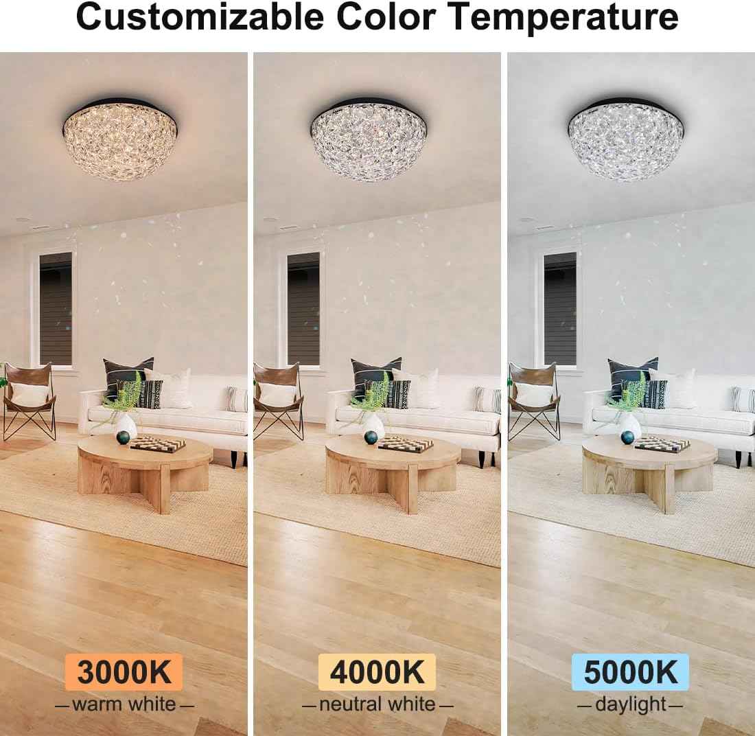 12" Dimmable Modern Crystal Chandelier - LED Flush Mount Ceiling Light for Dining Room, Entryway, Kitchen & More - ETL Listed Black