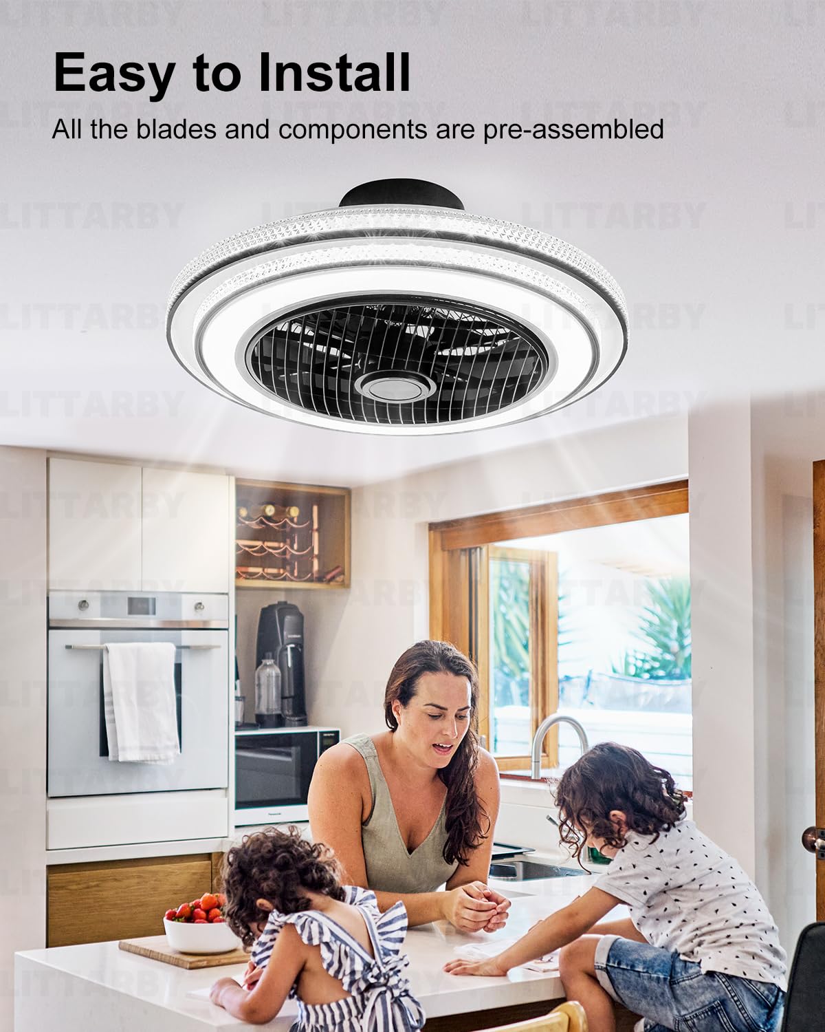 22 Inch Enclosed Bladeless Ceiling Fans with Lights and Remote, Dimmable LED Brightness DC Motor Morden Low Profile Flush Mount Ceiling Fan with Light for Bedroom, Kitchen, Living/Dining Room
