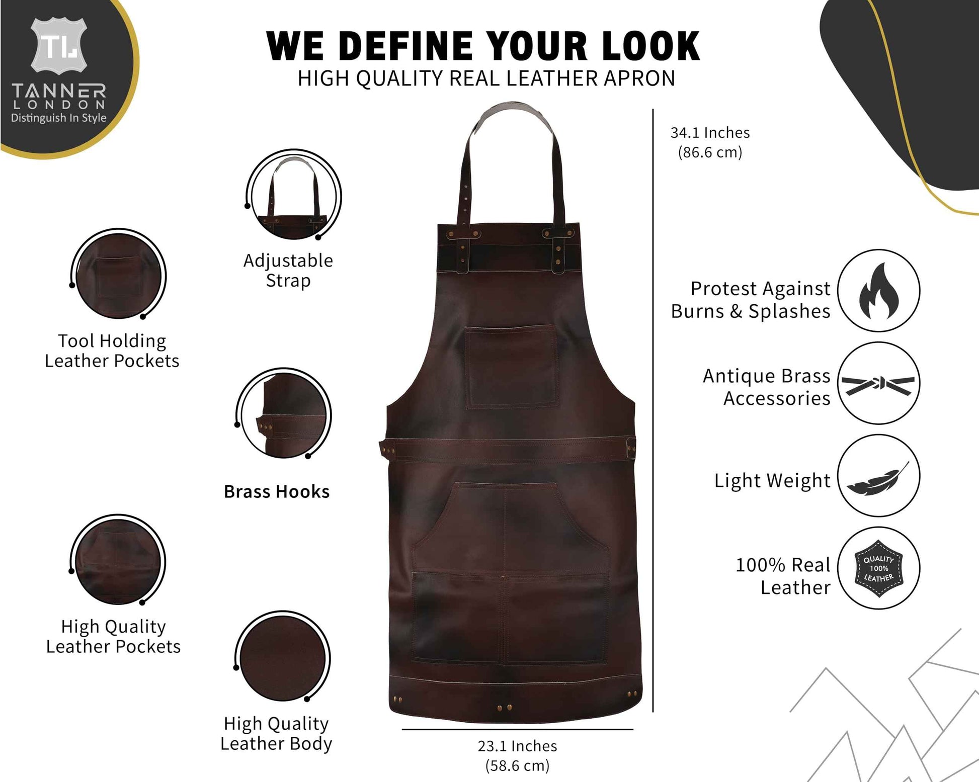Tanner London Full Grain Leather Apron for Butcher, Barber, Woodwork, Cook, BBQ, Blacksmith, Dark Brown